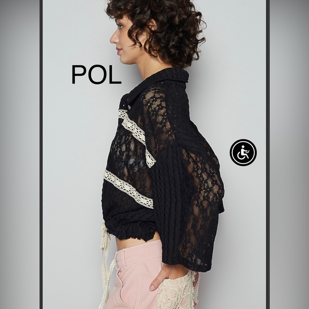 BP32-1🖤🤍NEW! POL perfection in Black Lace Button-Up Top with Cream Accents! Wow! - Picture 2 of 7